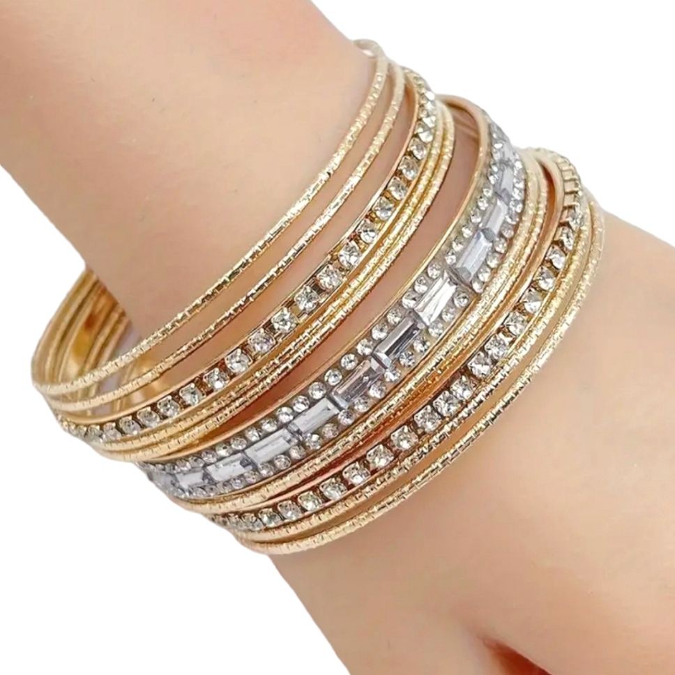 11pcs/Set Simulated Rhinetones 14k Gold Plated Gypsy Bangle Glam Retro